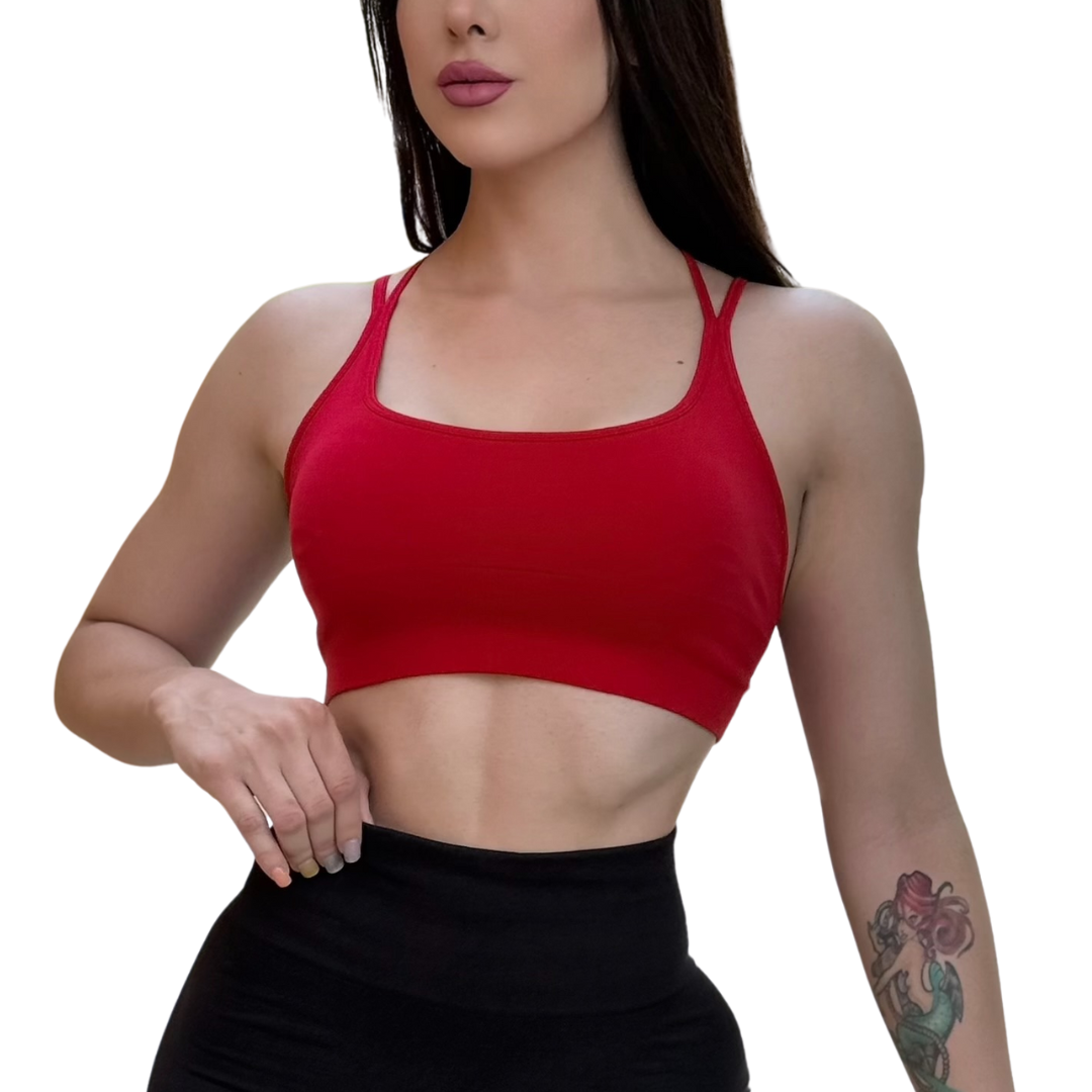 Top para Mujer Fitness: Copas Removilbles, Soporte Medio, Textil Liso Transpirable, Color Candy Red  | Adriana Olimpo