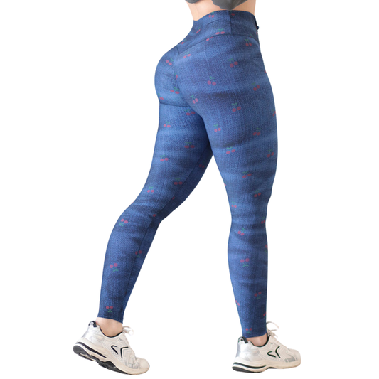 Leggings Deportivos para Mujer Fitness: Efecto Push Up, Cintura Alta, Textil Lycra Transpirable con Acabado Liso Cerecita, Color Azul | Adriana Olimpo