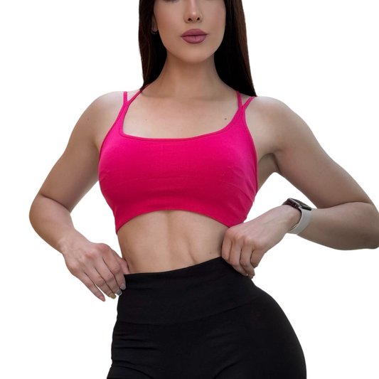 Top para Mujer Fitness: Copas Removilbles, Soporte Medio, Textil Liso Transpirable, Color Paradice Pink | Adriana Olimpo