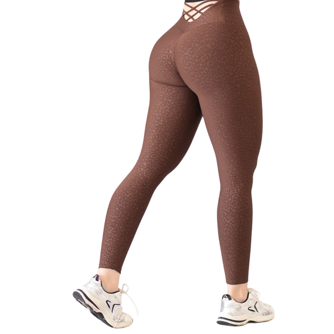 Leggings Deportivos para Mujer Fitness:  Efecto Push Up, Cintura Alta, Textil Lycra Transpirable con Relieves Astral, Color Café Chocolate | Adriana Olimpo