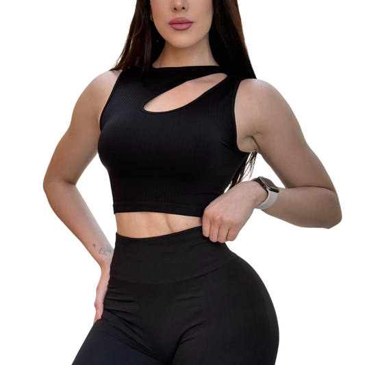 Blusa Sin Manga Deportiva para Mujer Fitness: Ajuste perfecto, Textil Lycra Transpirable con Acabado de Relieves Líneas, Color  Negro | Adriana Olimpo