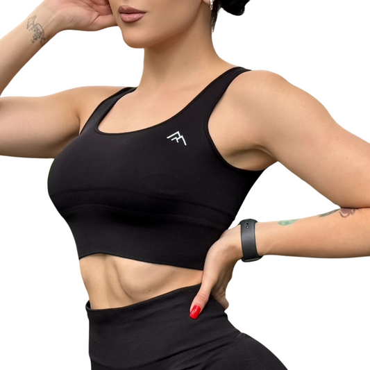 Top para Mujer Fitness: Efecto Alto Impacto Con Copas,  Ajuste Perfecto, Textil Liso, Transpirable, Color Negro | Adriana Olimpo