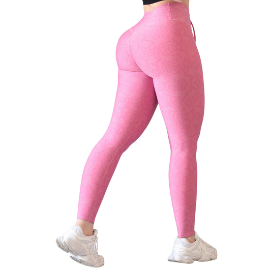 Leggings Deportivos para Mujer Fitness: Efecto Push Up, Cintura Alta, Textil Lycra Transpirable con Acabado Liso Flores, Color Rosa Bebé | Adriana Olimpo