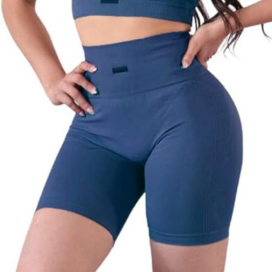 Short Biker Deportivos para Mujer Fitness: Seamless, Efecto Push Up, Cintura Alta, Textil Lycra Transpirable Texturizado con Relieves con Lineas, Color Azul | Adriana Olimpo