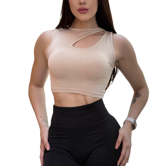 Blusa Sin Manga Deportiva para Mujer Fitness: Ajuste perfecto, Textil Lycra Transpirable con Acabado de Relieves Líneas, Color  Beige | Adriana Olimpo