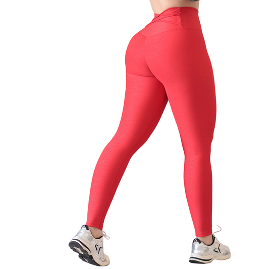 Leggings Deportivos para Mujer Fitness:  Efecto Push Up, Cintura Alta, Textil Lycra Transpirable con Relieves de Craquel, Color Rojo | Adriana Olimpo