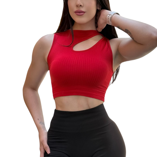 Blusa Sin Manga Deportiva para Mujer Fitness: Ajuste perfecto, Textil Lycra Transpirable con Acabado de Relieves Líneas, Color Cherry | Adriana Olimpo