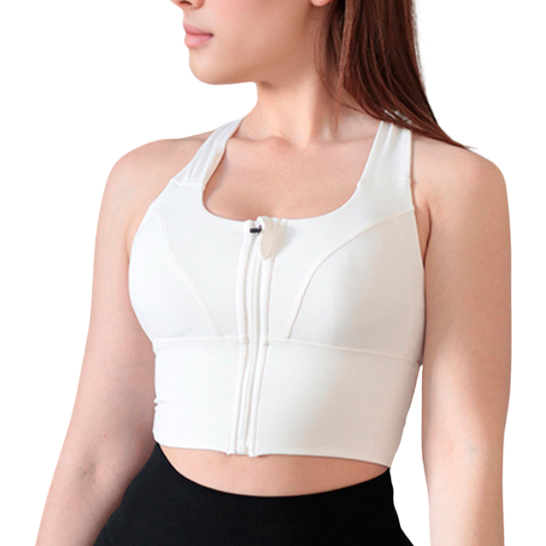 Top para Mujer Fitness: Efecto Alto Impacto, Ajuste Perfecto, Con avertura para Copas, Cierre Frontal, Transpirable, Color Blanco | Adriana Olimpo