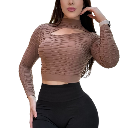 Blusa Deportiva para Mujer Fitness: Manga Larga, Cuello Alto con Escote Textil Lycra Transpirable Corrugado, Color Nude | Adriana Olimpo