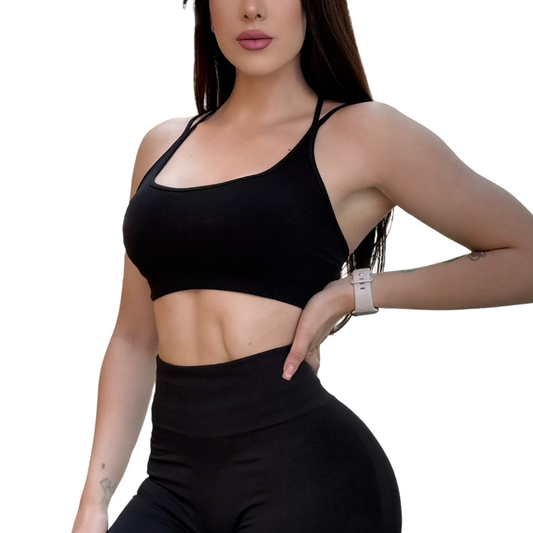 Top para Mujer Fitness: Copas Removilbles, Soporte Medio, Textil Liso Transpirable, Color Negro  | Adriana Olimpo