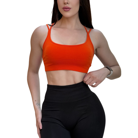 Top para Mujer Fitness: Copas Removilbles, Soporte Medio, Textil Liso Transpirable, Color Orange | Adriana Olimpo