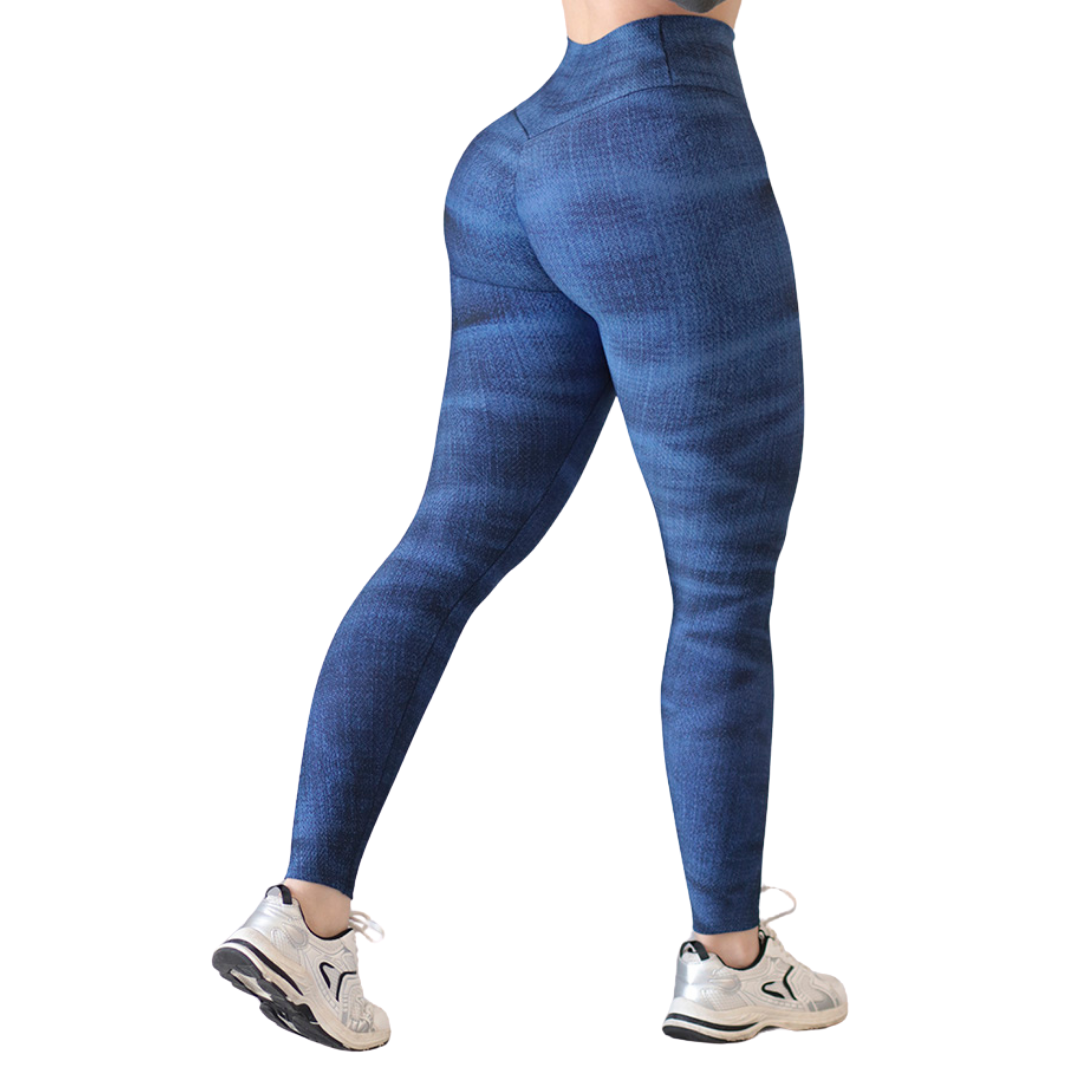 Leggings Deportivos para Mujer Fitness: Efecto Push Up, Cintura Alta, Textil Lycra Transpirable con Acabado Liso Mezclilla, Color Azul | Adriana Olimpo