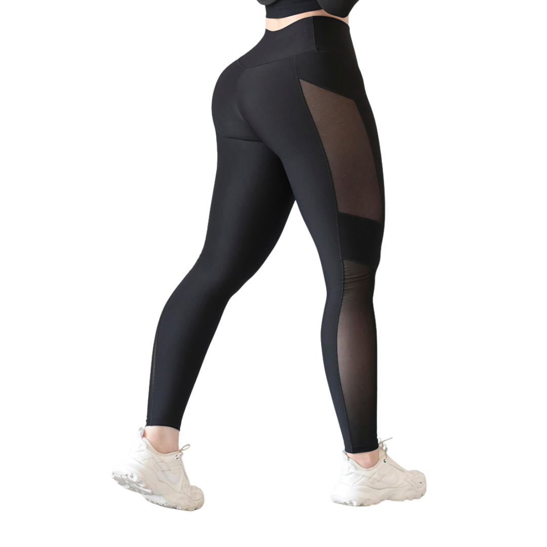 Leggings Deportivos para Mujer Fitness: Efecto Básico, Cintura Alta, Textil Lycra Transpirable con Acabado Liso, Color Negro Mesh | Adriana Olimpo
