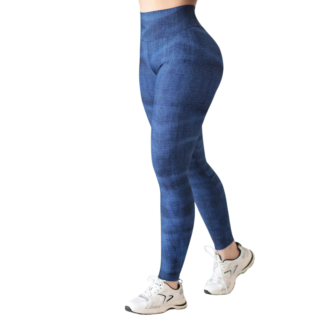 Leggings Deportivos para Mujer Fitness: Efecto Push Up, Cintura Alta, Textil Lycra Transpirable con Acabado Liso Mezclilla, Color Azul | Adriana Olimpo