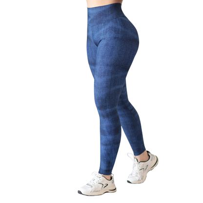 Leggings Deportivos para Mujer Fitness: Efecto Push Up, Cintura Alta, Textil Lycra Transpirable con Acabado Liso Mezclilla, Color Azul | Adriana Olimpo