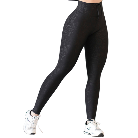 Leggings Deportivos para Mujer Fitness:  Efecto Básico, Cintura Alta, Textil Lycra Transpirable con Relieves Varios, Color Negro | Adriana Olimpo