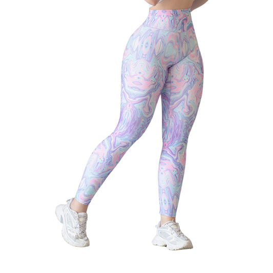 Leggings deportivos para mujer, efecto push up con cintura alta, textil lycra transpirable con acabado liso marmoleado. Color lila| Adriana Olimpo