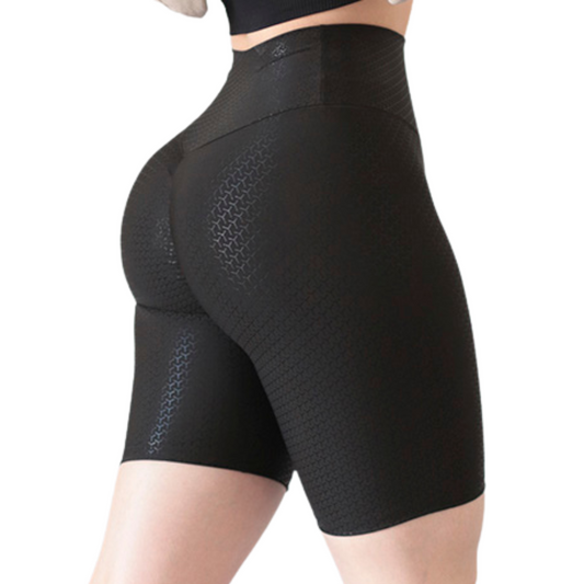 Shorts Deportivos para Mujer Fitness:  Efecto Push Up, Cintura Alta, Textil Lycra Transpirable con Destellos Reflectantes✨ y Relieves Y, Color Negro | Adriana Olimpo