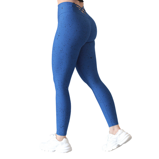 Leggings deportivos supplex para mujer, efecto push up con cintura alta, textil lycra transpirable con acabado liso chispiado. Color azul | Adriana Olimpo
