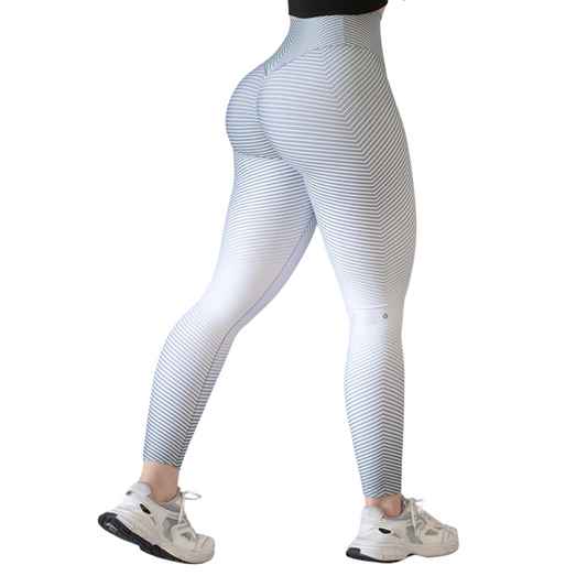 Leggings Deportivos para Mujer Fitness: Efecto Push Up, Cintura Alta, Textil Lycra Transpirable con Acabado Liso Degradado Líneas, Color Azul Blanco | Adriana Olimpo