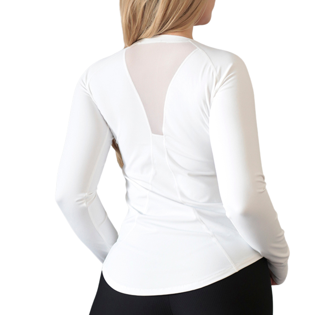Blusa Deportiva para Mujer Fitness: Manga Larga, Textil Lycra Transpirable con Acabado Liso, Color Blanco| Adriana Olimpo