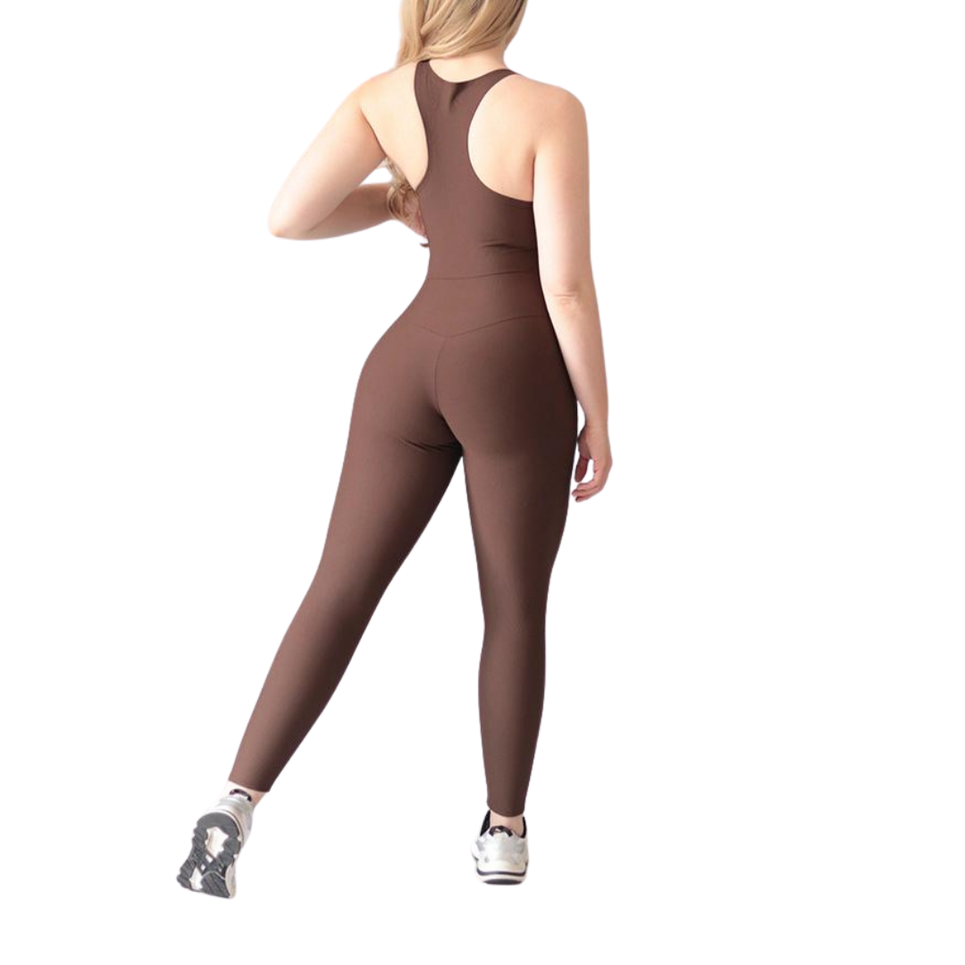 Enterizo Deportivos para Mujer Fitness: Efecto Básico, Escote Cruzado Textil Lycra Transpirable con Acabado Texturizado Lineas, Color Café| Adriana Olimpo