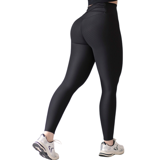 Leggings Deportivos para Mujer Fitness:  Efecto Push Up, Cintura Alta, Textil Lycra Transpirable con Relieves Y, Color Negro | Adriana Olimpo