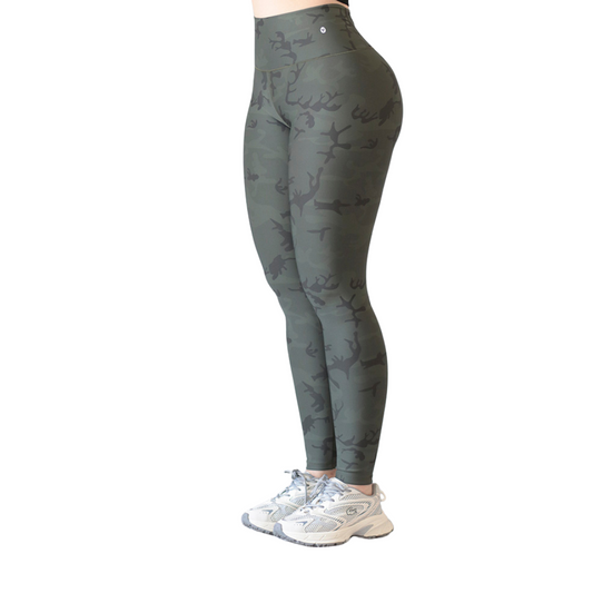 Leggings Deportivos para Mujer Fitness: Efecto Push Up, Cintura Alta, Textil Lycra Transpirable con Acabado Liso, Color Verde Army Camu | Adriana Olimpo