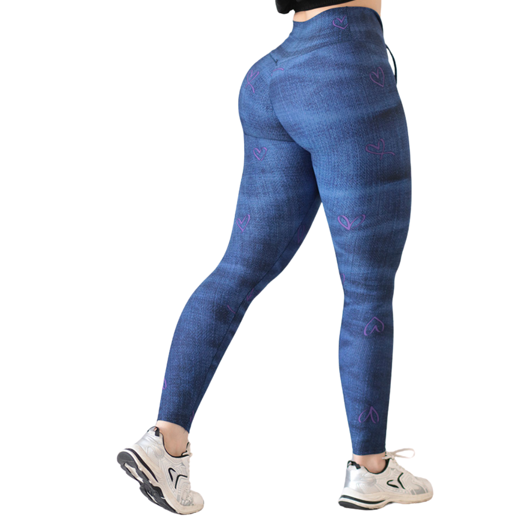 Leggings Deportivos para Mujer Fitness: Efecto Push Up, Cintura Alta, Textil Lycra Transpirable con Acabado Liso Corazón, Color Mezclilla | Adriana Olimpo
