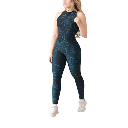 Enterizo deportivo para mujer, efecto básico, textil lycra transpirable con acabado liso tie day. Color azul | Adriana Olimpo