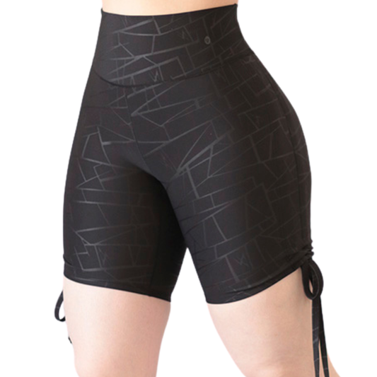 Shorts Biker Deportivos para Mujer Fitness:  Efecto Básico, Cintura Alta, Textil Lycra Transpirable con Relieves Geométrico, Color Negro | Adriana Olimpo