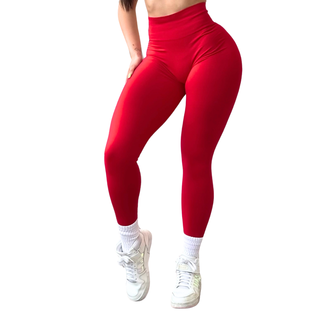 Leggings Deportivos para Mujer Fitness: Seamless Efecto Push Up y Burbuja, Cintura Alta, Textil Tejido Liso Suave Transpirable , Color Candy Red | Adriana Olimpo