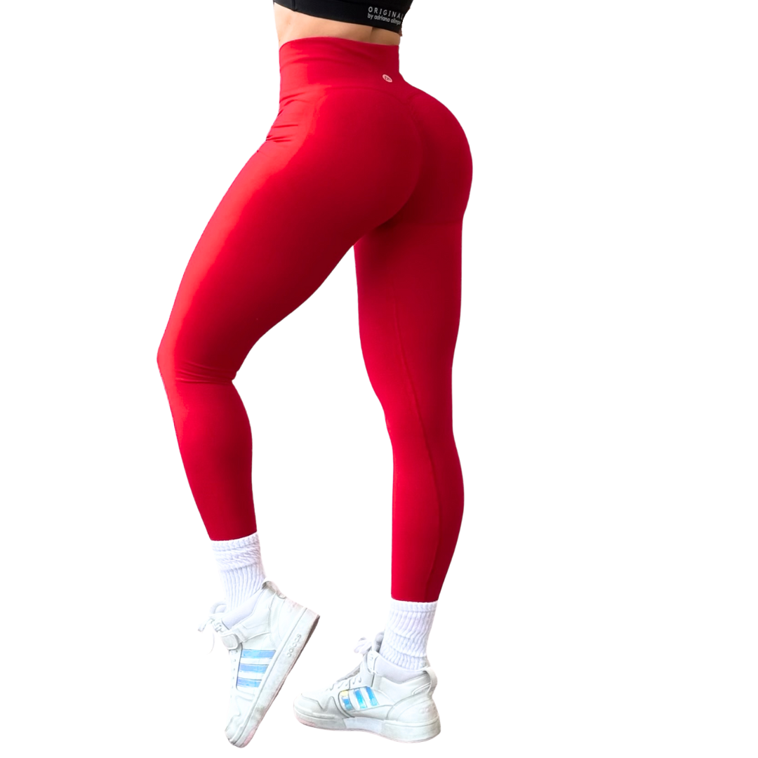 Leggings Deportivos para Mujer Fitness: Seamless Efecto Push Up y Burbuja, Cintura Alta, Textil Tejido Liso Suave Transpirable , Color Candy Red | Adriana Olimpo
