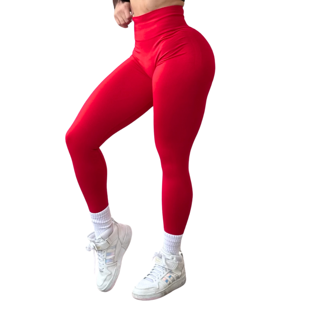 Leggings Deportivos para Mujer Fitness: Seamless Efecto Push Up y Burbuja, Cintura Alta, Textil Tejido Liso Suave Transpirable , Color Candy Red | Adriana Olimpo