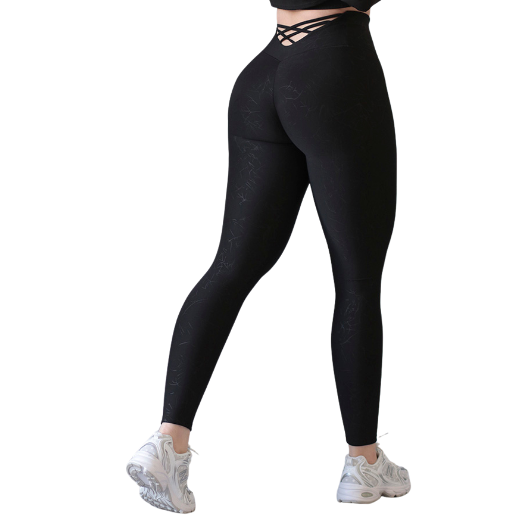 Leggings Deportivos para Mujer Fitness:  Efecto Push Up, Cintura Alta, Textil Lycra Transpirable con Relieves Rayos, Color Negro  | Adriana Olimpo