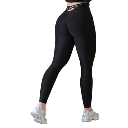 Leggings Deportivos para Mujer Fitness:  Efecto Push Up, Cintura Alta, Textil Lycra Transpirable con Relieves Rayos, Color Negro | Adriana Olimpo