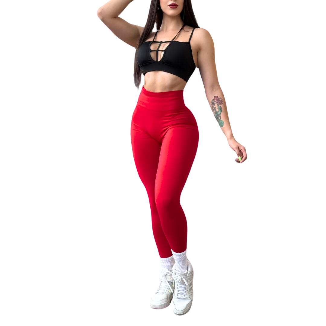 Leggings Deportivos para Mujer Fitness: Seamless Efecto Push Up y Burbuja, Cintura Alta, Textil Tejido Liso Suave Transpirable , Color Candy Red | Adriana Olimpo