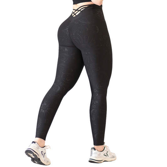 Leggings Deportivos para Mujer Fitness:  Efecto Push Up, Cintura Alta, Textil Lycra Transpirable con Relieves Soles, Color Negro | Adriana Olimpo