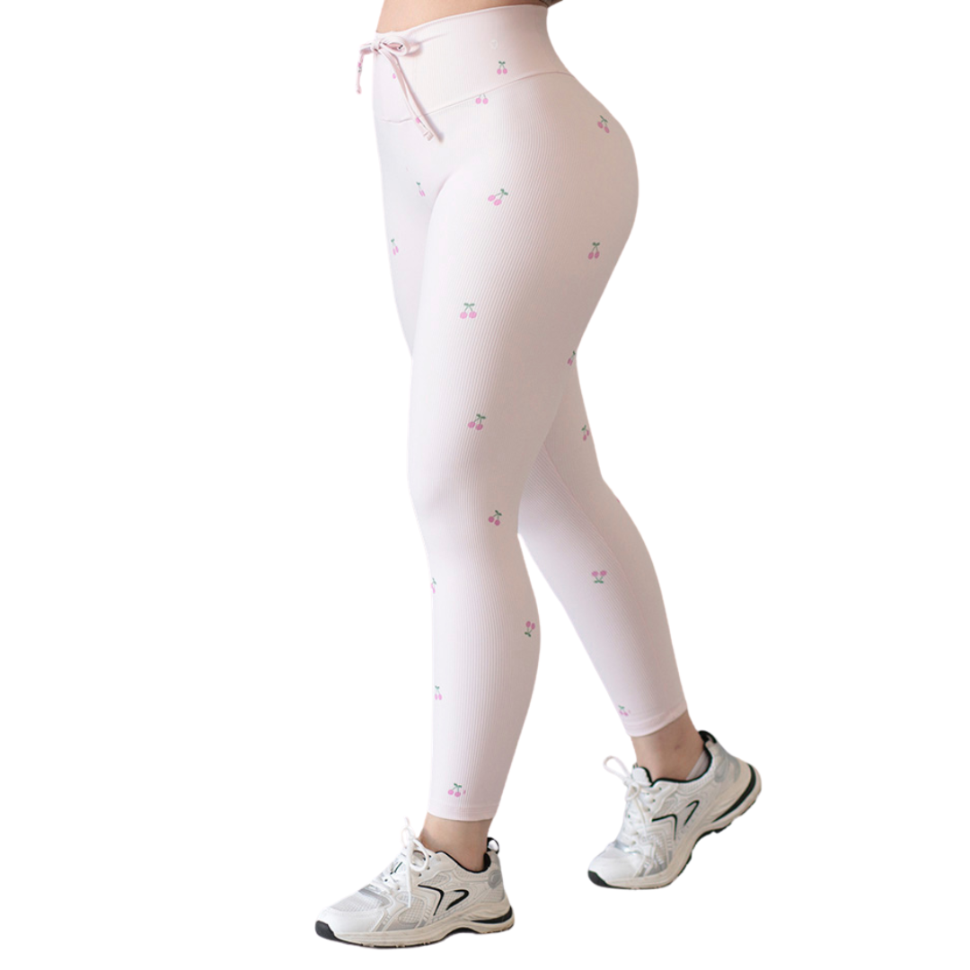 Leggings Deportivos para Mujer Fitness:  Efecto Push Up, Cintura Alta, Textil Lycra Transpirable con Relieves Lineas Cerecitas, Color Rosa Pastel | Adriana Olimpo