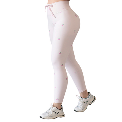 Leggings Deportivos para Mujer Fitness:  Efecto Push Up, Cintura Alta, Textil Lycra Transpirable con Relieves Lineas Cerecitas, Color Rosa Pastel | Adriana Olimpo