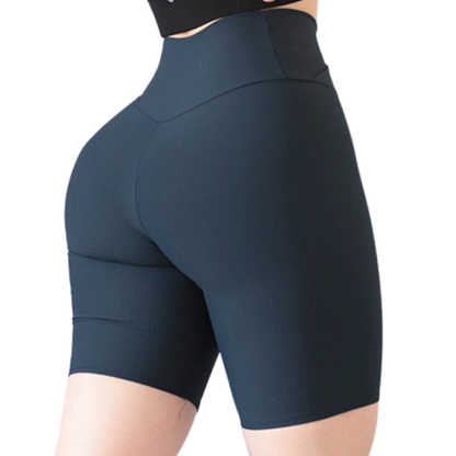 Biker Deportivos para Mujer Fitness:  Efecto Básico, Cintura Alta, Textil Lycra Transpirable con Relieves Lines, Color Azul Poe | Adriana Olimpo