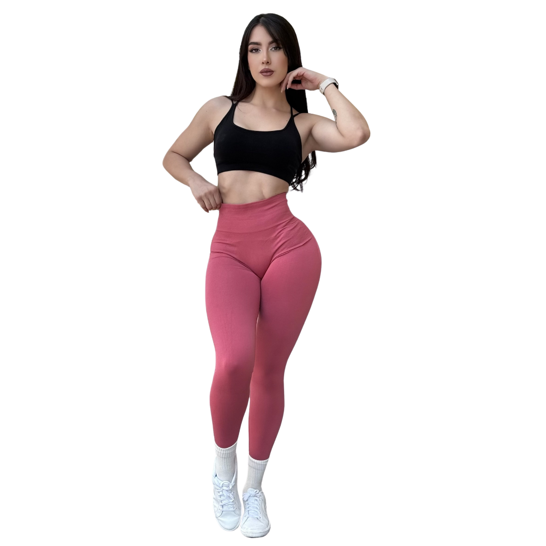 Leggings Deportivos para Mujer Fitness: Seamless Efecto Push Up y Burbuja, Cintura Alta, Textil Tejido Liso Suave Transpirable , Color Rosa Cayene | Adriana Olimpo