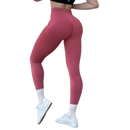 Leggings Deportivos para Mujer Fitness: Seamless Efecto Push Up y Burbuja, Cintura Alta, Textil Tejido Liso Suave Transpirable , Color Rosa Cayene | Adriana Olimpo