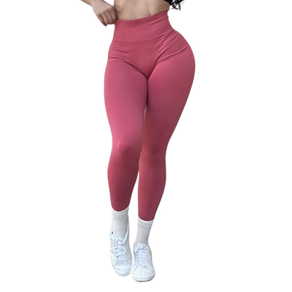 Leggings Deportivos para Mujer Fitness: Seamless Efecto Push Up y Burbuja, Cintura Alta, Textil Tejido Liso Suave Transpirable , Color Rosa Cayene | Adriana Olimpo