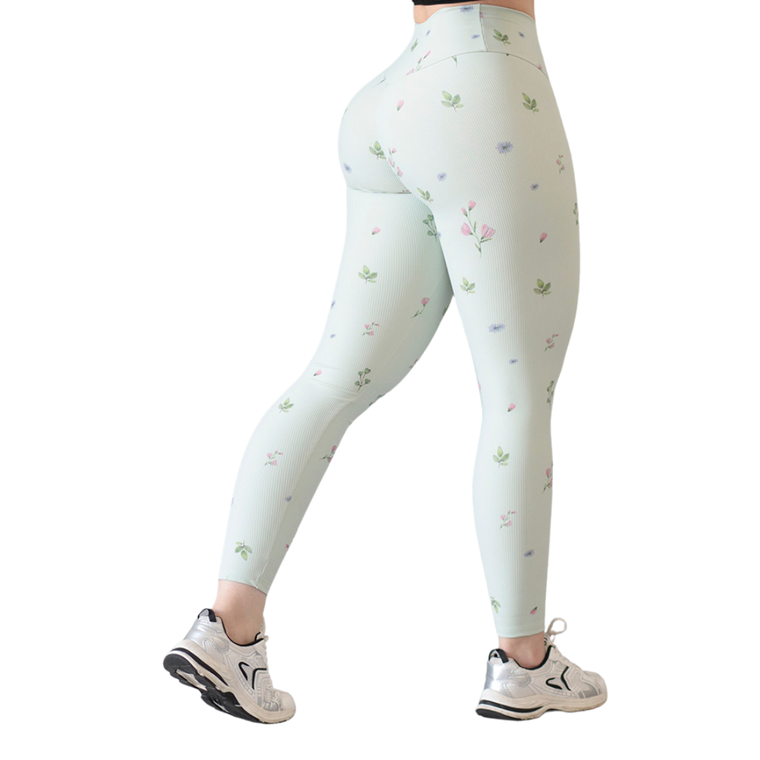 Leggings Deportivos para Mujer Fitness:  Efecto Push Up, Cintura Alta, Textil Lycra Transpirable con Relieves Lineas, Color  Florecita Aqua | Adriana Olimpo