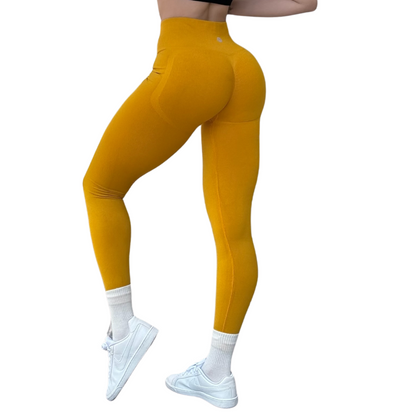 Leggings Deportivos para Mujer Fitness: Seamless Efecto Push Up y Burbuja, Cintura Alta, Textil Tejido Liso Suave Transpirable , Color Amarillo Mostaza | Adriana Olimpo