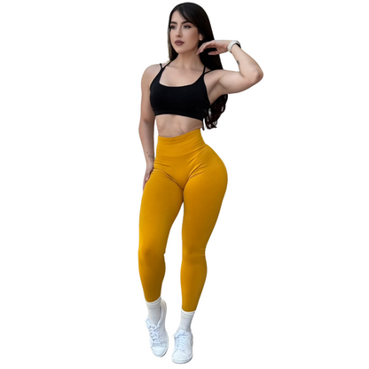 Leggings Deportivos para Mujer Fitness: Seamless Efecto Push Up y Burbuja, Cintura Alta, Textil Tejido Liso Suave Transpirable , Color Amarillo Mostaza | Adriana Olimpo