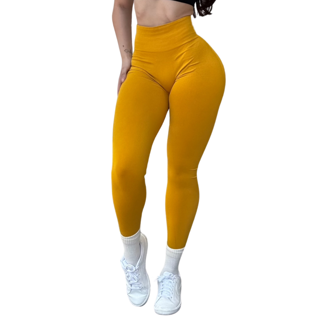 Leggings Deportivos para Mujer Fitness: Seamless Efecto Push Up y Burbuja, Cintura Alta, Textil Tejido Liso Suave Transpirable , Color Amarillo Mostaza | Adriana Olimpo