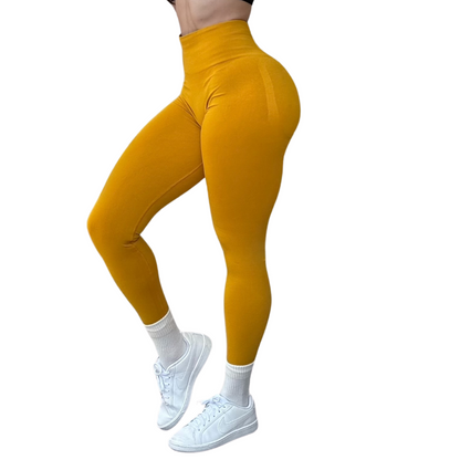 Leggings Deportivos para Mujer Fitness: Seamless Efecto Push Up y Burbuja, Cintura Alta, Textil Tejido Liso Suave Transpirable , Color Amarillo Mostaza | Adriana Olimpo