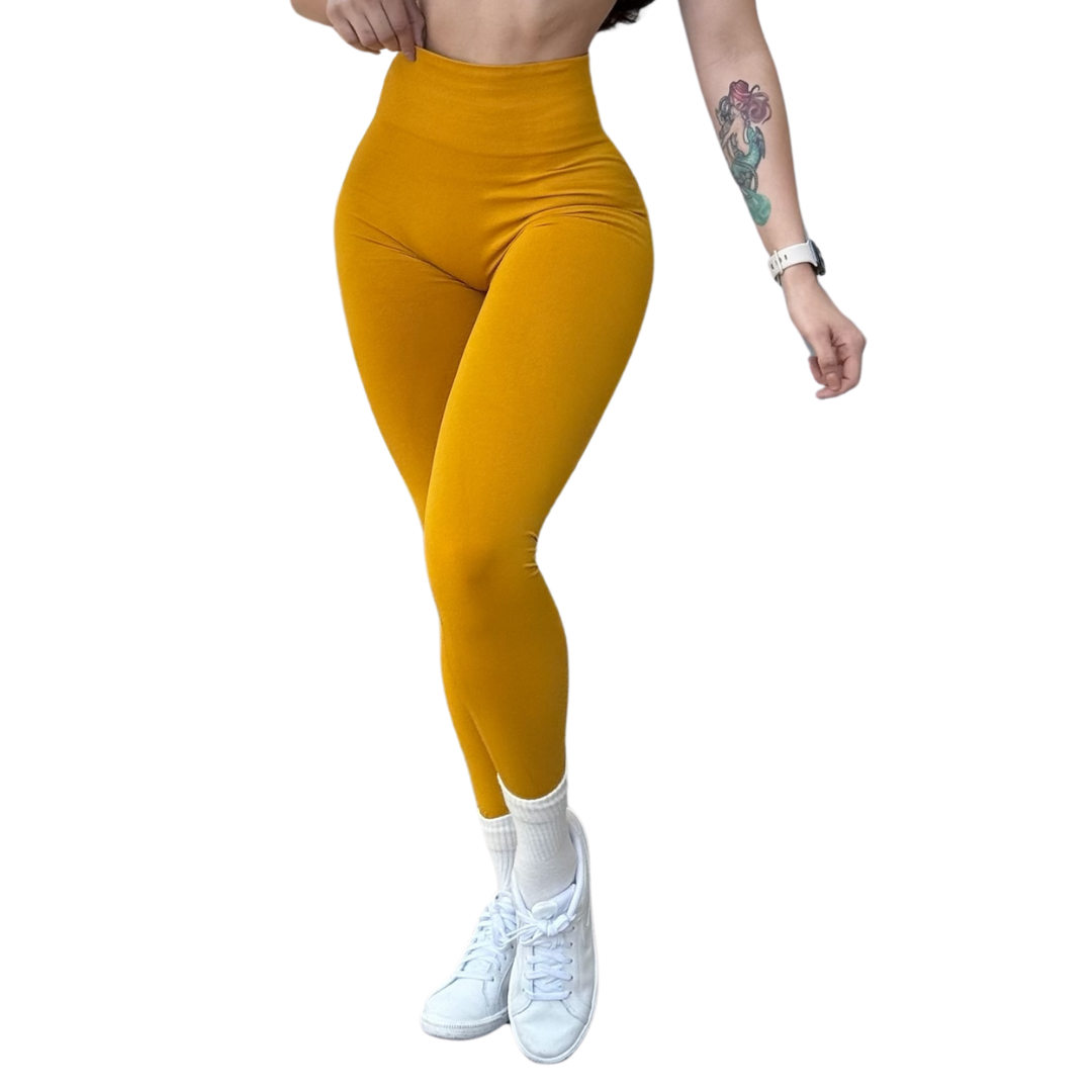 Leggings Deportivos para Mujer Fitness: Seamless Efecto Push Up y Burbuja, Cintura Alta, Textil Tejido Liso Suave Transpirable , Color Amarillo Mostaza | Adriana Olimpo